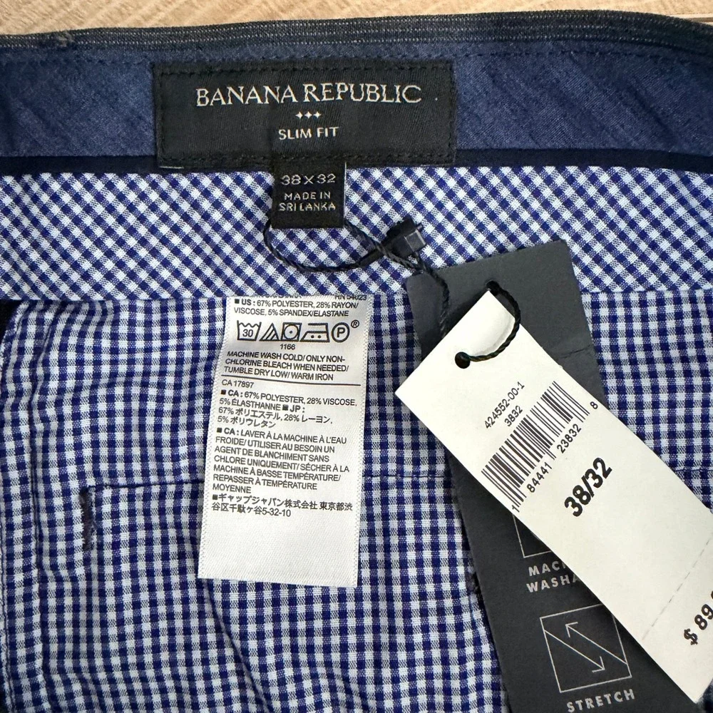Banana Republic Dress Pants‎ Slim Fit Mens 38x32 Grey Wrinkle-Resist Stretch NWT